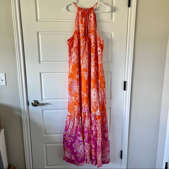 Anthropologie Maeve Flounced Halter Maxi Dress Pink Orange Large NWOT - Picture 8 of 13